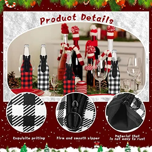 6 Pcs Christmas Plaid Beer Bottle Sleeves Neoprene Plaid Bottle Covers Slim Bottle Holder with Zipper Christmas Bottle Cover Insulated Bottle Coolers Bottle Opener for Beverage, 12 oz (Plaid)