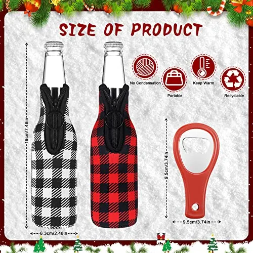 6 Pcs Christmas Plaid Beer Bottle Sleeves Neoprene Plaid Bottle Covers Slim Bottle Holder with Zipper Christmas Bottle Cover Insulated Bottle Coolers Bottle Opener for Beverage, 12 oz (Plaid)