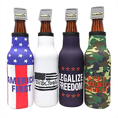 America First Beer Bottle Insulator - Legalize Freedom, We The People, Keep America Great, American Flag Patriotic Gift for Republicans, Insulated Cooler Sleeve with Zipper, Built-In Removable Opener