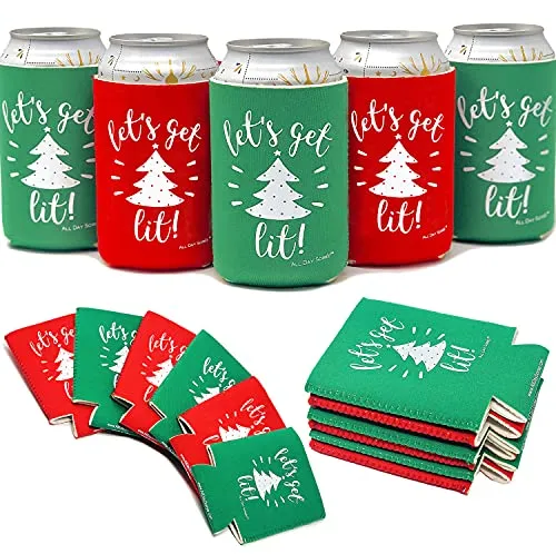 Let's Get Lit! Holiday Festive Christmas Can Coolers - 6 Pack | Stocking Stuffer Gifts - Funny Ugly Sweater Party Prize, Favors, Decorations & Supplies (Get Lit)