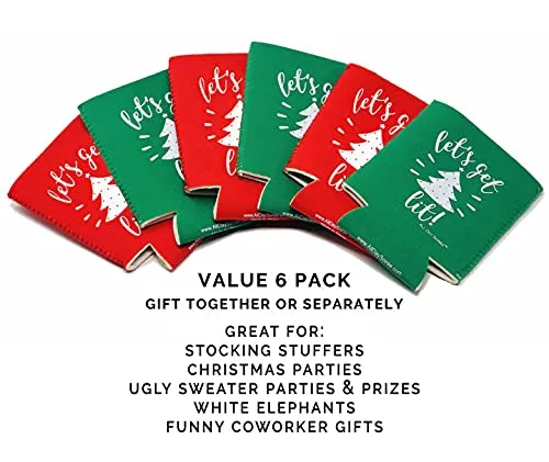 Let's Get Lit! Holiday Festive Christmas Can Coolers - 6 Pack | Stocking Stuffer Gifts - Funny Ugly Sweater Party Prize, Favors, Decorations & Supplies (Get Lit)