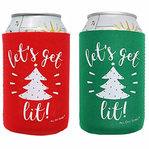 Let's Get Lit! Holiday Festive Christmas Can Coolers - 6 Pack | Stocking Stuffer Gifts - Funny Ugly Sweater Party Prize, Favors, Decorations & Supplies (Get Lit)