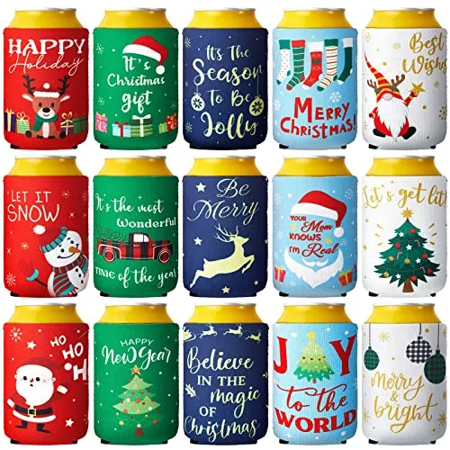 15 Pieces Christmas Neoprene Can Cooler Sleeves Xmas Holiday Can Insulated Covers Christmas Neoprene Bottle Sleeve Christmas Party Supplies for 12 oz Canned Beverages Drink Soda (5 x 4 Inch)