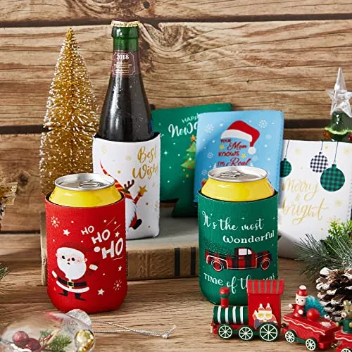 15 Pieces Christmas Neoprene Can Cooler Sleeves Xmas Holiday Can Insulated Covers Christmas Neoprene Bottle Sleeve Christmas Party Supplies for 12 oz Canned Beverages Drink Soda (5 x 4 Inch)