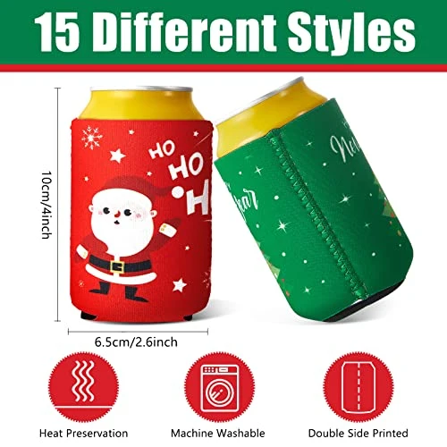 15 Pieces Christmas Neoprene Can Cooler Sleeves Xmas Holiday Can Insulated Covers Christmas Neoprene Bottle Sleeve Christmas Party Supplies for 12 oz Canned Beverages Drink Soda (5 x 4 Inch)