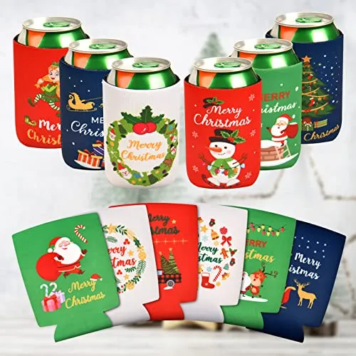 Tutmyrea Christmas Beer Can Cooler Sleeves, 12 PCS Neoprene Can Sleeves, Christmas Party Supplies, 12 oz Standard Can Coolers for Christmas Party, Christmas Decor, Christmas Gifts, Friends Gathering