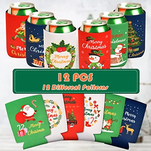 Tutmyrea Christmas Beer Can Cooler Sleeves, 12 PCS Neoprene Can Sleeves, Christmas Party Supplies, 12 oz Standard Can Coolers for Christmas Party, Christmas Decor, Christmas Gifts, Friends Gathering
