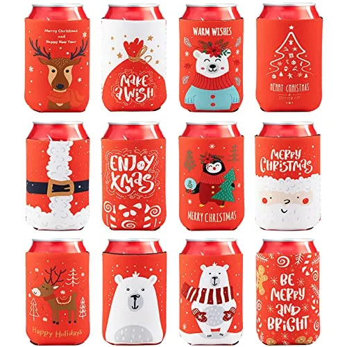 12 Pieces Christmas Beer Can Coolers Sleeves for Christmas Party Decorations Supplies Neoprene Drink Cooler Sleeves ,for Standard 12 Ounce Cans Beer Coolers for Party, Events or Gift