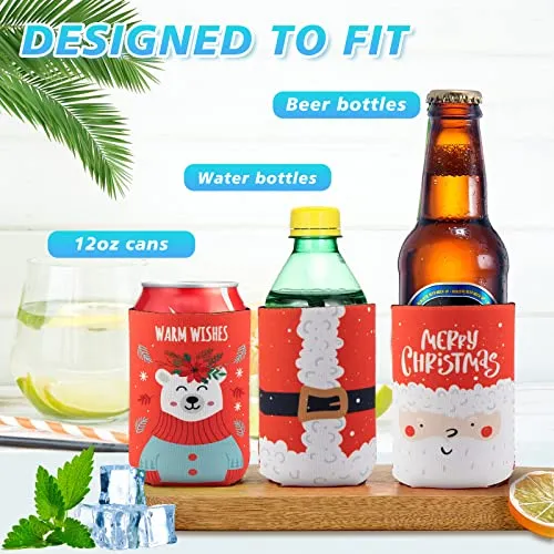 12 Pieces Christmas Beer Can Coolers Sleeves for Christmas Party Decorations Supplies Neoprene Drink Cooler Sleeves ,for Standard 12 Ounce Cans Beer Coolers for Party, Events or Gift