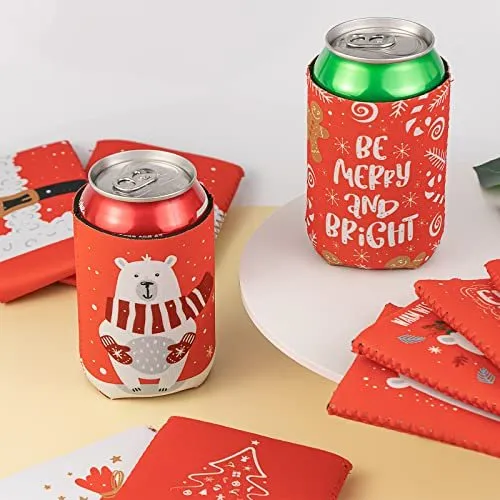 12 Pieces Christmas Beer Can Coolers Sleeves for Christmas Party Decorations Supplies Neoprene Drink Cooler Sleeves ,for Standard 12 Ounce Cans Beer Coolers for Party, Events or Gift