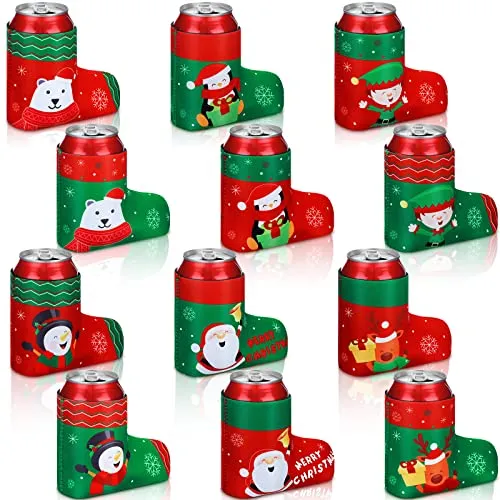 12 Pcs Christmas Beer Can Coolers Sleeves Bulk Christmas Boot Bottle Jacket Xmas Holiday Can Insulated Covers Slim Neoprene Bottle Sleeve for Christmas Party Decorations Supplies