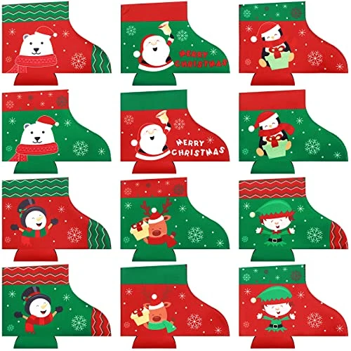12 Pcs Christmas Beer Can Coolers Sleeves Bulk Christmas Boot Bottle Jacket Xmas Holiday Can Insulated Covers Slim Neoprene Bottle Sleeve for Christmas Party Decorations Supplies