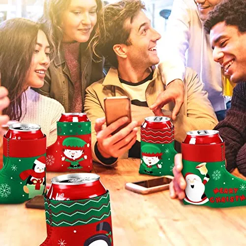12 Pcs Christmas Beer Can Coolers Sleeves Bulk Christmas Boot Bottle Jacket Xmas Holiday Can Insulated Covers Slim Neoprene Bottle Sleeve for Christmas Party Decorations Supplies