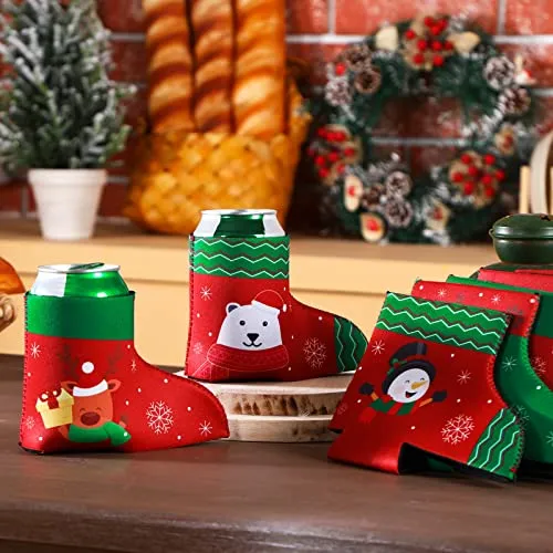 12 Pcs Christmas Beer Can Coolers Sleeves Bulk Christmas Boot Bottle Jacket Xmas Holiday Can Insulated Covers Slim Neoprene Bottle Sleeve for Christmas Party Decorations Supplies