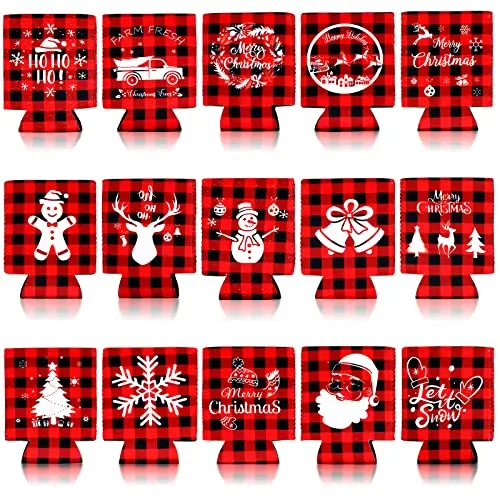 15 Pieces Christmas Beer Can Coolers Sleeves, Red Black Plaid Xmas Holiday Beverages Can Neoprene Coolers Insulated Covers for Winter Christmas Party Decorations Supplies
