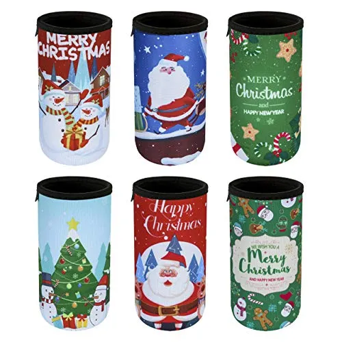 Beautyflier 12oz Slim Can Neoprene Bottle Insulator Sleeve Collapsible Drink Skinny Can Tall Can Cooler for 12 Ounce Energy Drink Beverage Beer Can (Christmas Pattern (6 Pcs))