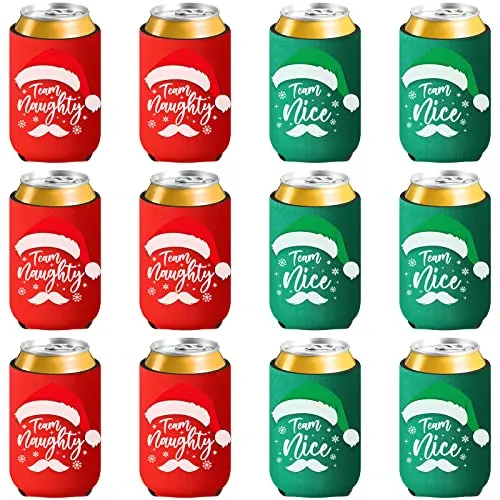 12 Pieces Christmas Beer Can Coolers Sleeves Team Naughty or Nice Xmas Drink Coolers Christmas Neoprene Can Cooler Sleeves for 12 oz Beer Can Beverage Bottle Holiday Party Decorations Supplies