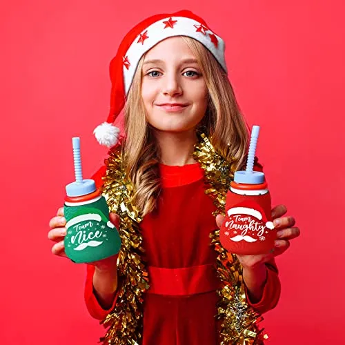 12 Pieces Christmas Beer Can Coolers Sleeves Team Naughty or Nice Xmas Drink Coolers Christmas Neoprene Can Cooler Sleeves for 12 oz Beer Can Beverage Bottle Holiday Party Decorations Supplies