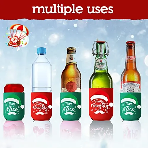 12 Pieces Christmas Beer Can Coolers Sleeves Team Naughty or Nice Xmas Drink Coolers Christmas Neoprene Can Cooler Sleeves for 12 oz Beer Can Beverage Bottle Holiday Party Decorations Supplies
