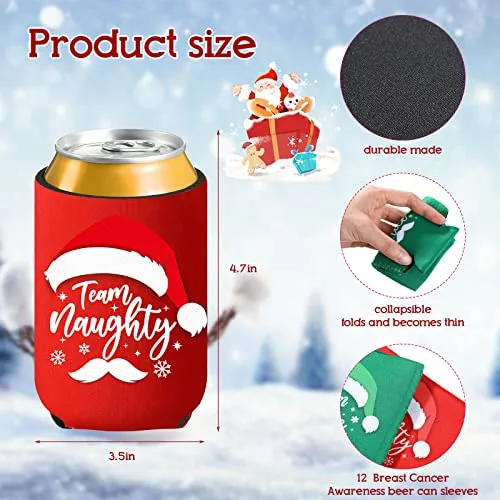 12 Pieces Christmas Beer Can Coolers Sleeves Team Naughty or Nice Xmas Drink Coolers Christmas Neoprene Can Cooler Sleeves for 12 oz Beer Can Beverage Bottle Holiday Party Decorations Supplies
