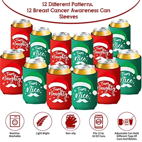12 Pieces Christmas Beer Can Coolers Sleeves Team Naughty or Nice Xmas Drink Coolers Christmas Neoprene Can Cooler Sleeves for 12 oz Beer Can Beverage Bottle Holiday Party Decorations Supplies