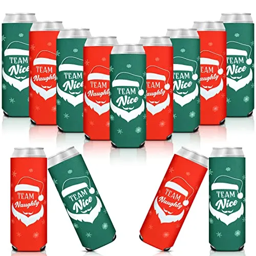 12 Pcs 12 oz Christmas Beer Can Coolers Sleeves Team Naughty Nice Beer Sleeves Neoprene Slim Beer Can Cooler Red Green Neoprene Drink Holders for Canned Beverages Bottle Drink Party