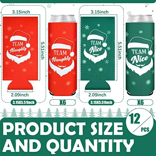 12 Pcs 12 oz Christmas Beer Can Coolers Sleeves Team Naughty Nice Beer Sleeves Neoprene Slim Beer Can Cooler Red Green Neoprene Drink Holders for Canned Beverages Bottle Drink Party