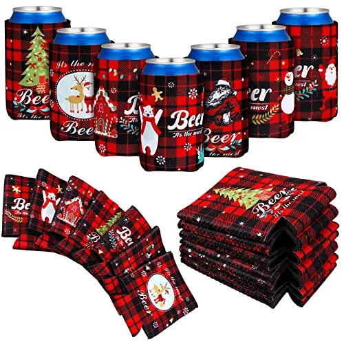 14 Pieces Christmas Beer Bottle Sleeve Buffalo Plaid Neoprene Insulated Bottle Jackets Beer Bottle Insulators Red and Black Santa Snowman Tree Beer Bottle Sleeve for Xmas Gifts