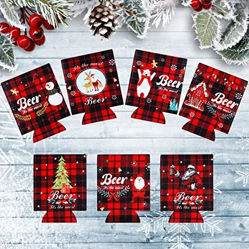 14 Pieces Christmas Beer Bottle Sleeve Buffalo Plaid Neoprene Insulated Bottle Jackets Beer Bottle Insulators Red and Black Santa Snowman Tree Beer Bottle Sleeve for Xmas Gifts