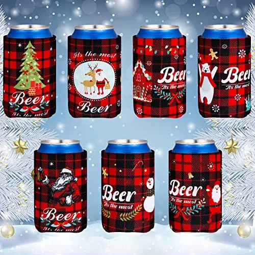 14 Pieces Christmas Beer Bottle Sleeve Buffalo Plaid Neoprene Insulated Bottle Jackets Beer Bottle Insulators Red and Black Santa Snowman Tree Beer Bottle Sleeve for Xmas Gifts