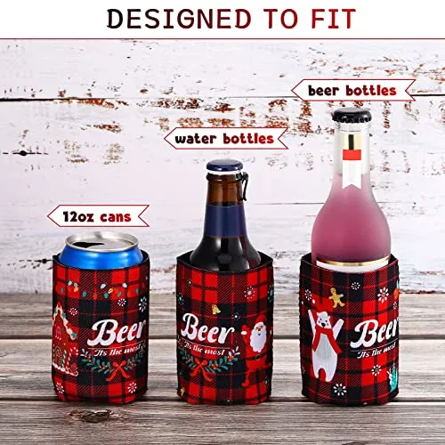 14 Pieces Christmas Beer Bottle Sleeve Buffalo Plaid Neoprene Insulated Bottle Jackets Beer Bottle Insulators Red and Black Santa Snowman Tree Beer Bottle Sleeve for Xmas Gifts