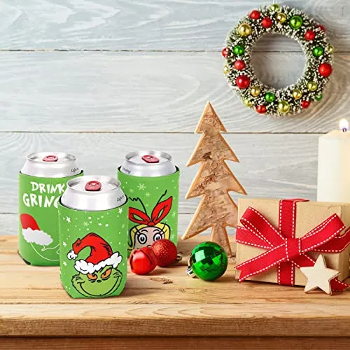 Whaline 12Pcs Christmas Can Sleeves Red Green Merry Christmas Can Covers 12 oz Reusable Xmas Character Neoprene Thermocoolers for Beverages Cans Bottles Xmas Winter Party Favors Decor