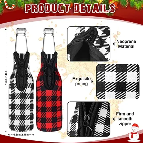 8 Pcs Christmas Beer Bottle Insulator Sleeve Plaid Pattern Neoprene Insulated Bottle Jackets Xmas Zipper Beer Bottle Sleeve Keep Bottle Beer Cold Hands Warm for 12 oz Christmas Classic Gift, 2 Styles