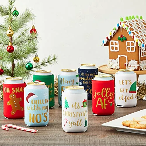 12 oz Christmas Neoprene Can Cooler Sleeves for Soda, Beer, Beverages (12 Pack)