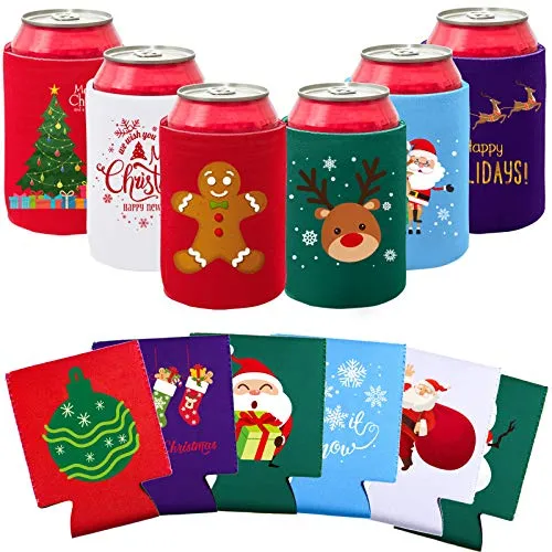 Aneco 12 Pack Christmas Can Sleeves Christmas Can Coolers Sleeves Holiday Theme Drink Holders 12 Festive Winter Designs Can Sleeves for Christmas Party
