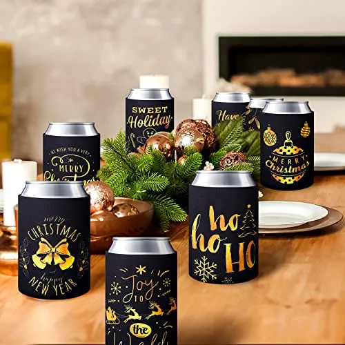 Christmas Beer Can Coolers Sleeves Bulk 12 Pcs Black Gold Xmas Holiday Can Insulated Covers for Christmas Party Decorations Supplies-neoprene Coolers for 4.9 x 3.8 Inch Canned Beverages, Bottle, Drink