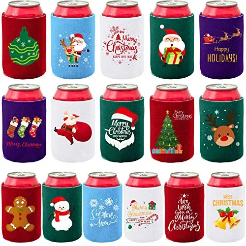 Aneco 16 Pack Christmas Beer Can Sleeves Holiday Theme Drink Holders Christmas Can Coolers Sleeves 16 Festive Winter Designs Beer Can Sleeves for Christmas Party