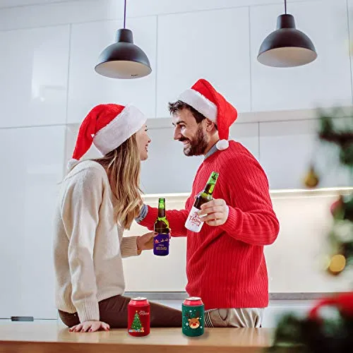 Aneco 16 Pack Christmas Beer Can Sleeves Holiday Theme Drink Holders Christmas Can Coolers Sleeves 16 Festive Winter Designs Beer Can Sleeves for Christmas Party