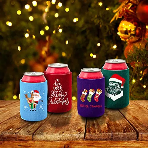 Aneco 16 Pack Christmas Beer Can Sleeves Holiday Theme Drink Holders Christmas Can Coolers Sleeves 16 Festive Winter Designs Beer Can Sleeves for Christmas Party
