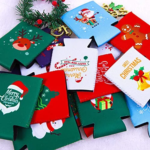 Aneco 16 Pack Christmas Beer Can Sleeves Holiday Theme Drink Holders Christmas Can Coolers Sleeves 16 Festive Winter Designs Beer Can Sleeves for Christmas Party