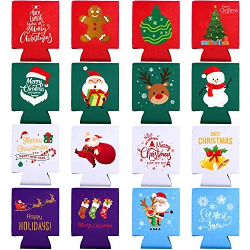 Aneco 16 Pack Christmas Beer Can Sleeves Holiday Theme Drink Holders Christmas Can Coolers Sleeves 16 Festive Winter Designs Beer Can Sleeves for Christmas Party
