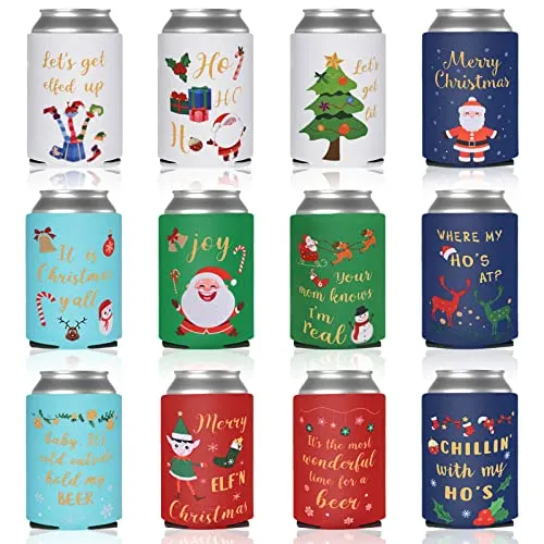 Tutmyrea Christmas Beer Can Cooler Sleeves, 12 Oz Neoprene Can Sleeves for Soda, Beer & Water Bottles, 12 Pack Reusable Drink Can Coolers for Christmas Party & Gifts