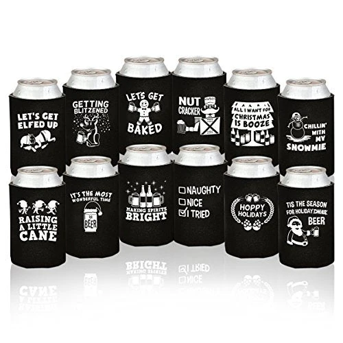 Christmas Funny Beer Can Coolers- 12 Pack Party Favor Drink Holders for Men- Gag Gifts for Christmas Holiday Parties - Novelty Beverage Insulators with Clever Jokes and Sayings for Beer Drinking Man