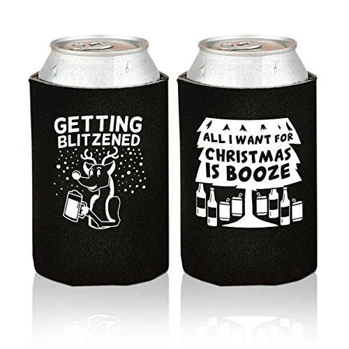 Christmas Funny Beer Can Coolers- 12 Pack Party Favor Drink Holders for Men- Gag Gifts for Christmas Holiday Parties - Novelty Beverage Insulators with Clever Jokes and Sayings for Beer Drinking Man