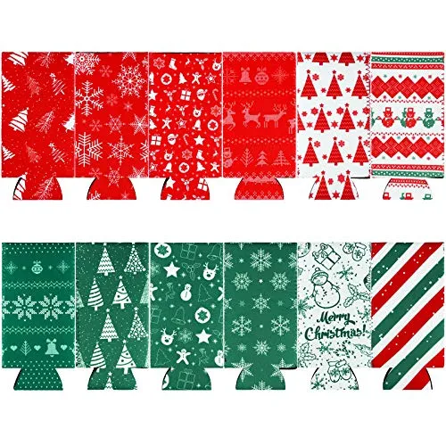 Aneco 12 Pieces Christmas Drink Can Sleeves Christmas Beer Can Sleeves Christmas Holiday Theme Can Coolers Sleeves Christmas Drink Holders for Christmas Party