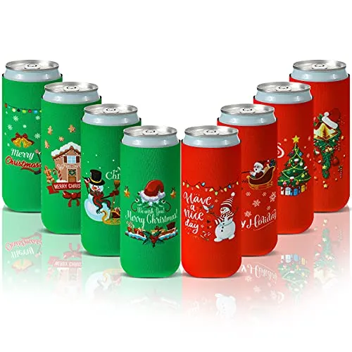 8 Pieces Christmas Beer Can Coolers Sleeves Xmas Slim Can Sleeves Neoprene Insulated Beverage Drink Sleeves Reusable Skinny Can Insulator Covers Christmas Drink Holder Protective Sleeves for Party