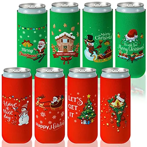 8 Pieces Christmas Beer Can Coolers Sleeves Xmas Slim Can Sleeves Neoprene Insulated Beverage Drink Sleeves Reusable Skinny Can Insulator Covers Christmas Drink Holder Protective Sleeves for Party
