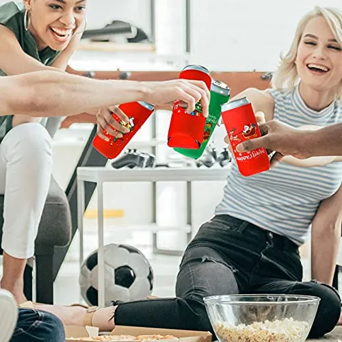 8 Pieces Christmas Beer Can Coolers Sleeves Xmas Slim Can Sleeves Neoprene Insulated Beverage Drink Sleeves Reusable Skinny Can Insulator Covers Christmas Drink Holder Protective Sleeves for Party