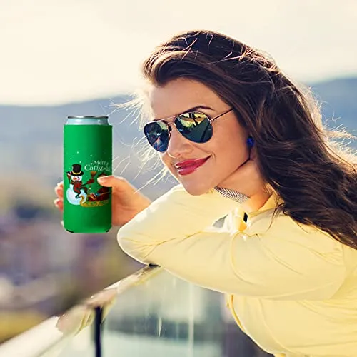 8 Pieces Christmas Beer Can Coolers Sleeves Xmas Slim Can Sleeves Neoprene Insulated Beverage Drink Sleeves Reusable Skinny Can Insulator Covers Christmas Drink Holder Protective Sleeves for Party