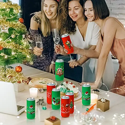 8 Pieces Christmas Beer Can Coolers Sleeves Xmas Slim Can Sleeves Neoprene Insulated Beverage Drink Sleeves Reusable Skinny Can Insulator Covers Christmas Drink Holder Protective Sleeves for Party